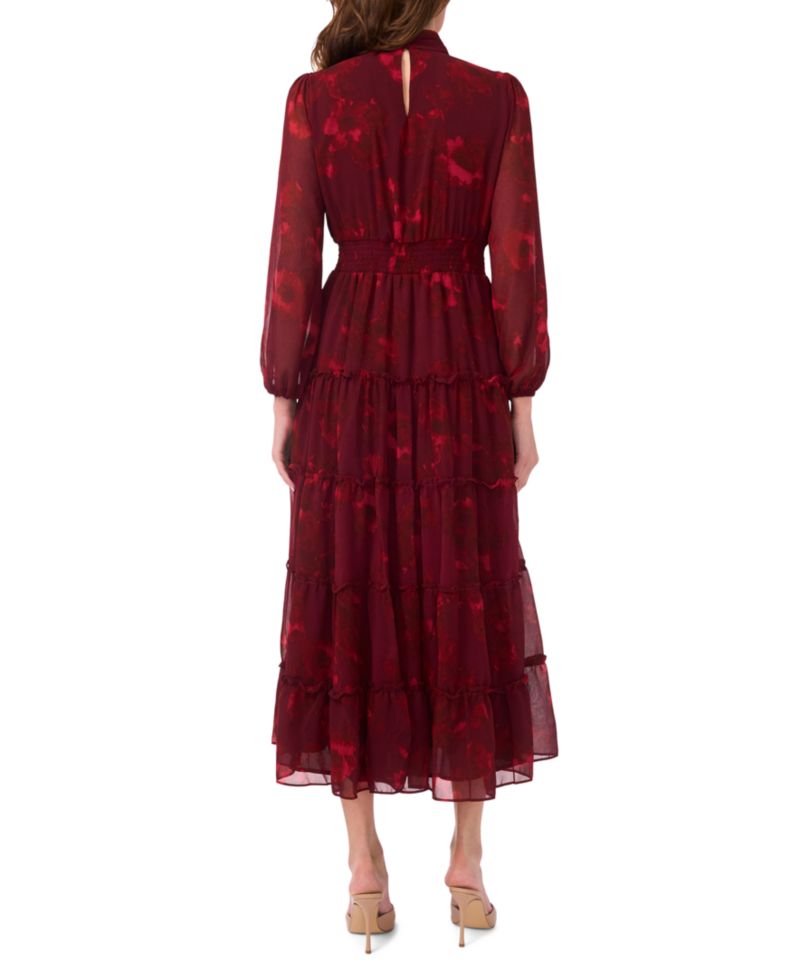 Petite Long-Sleeve Floral-Print Keyhole Dress