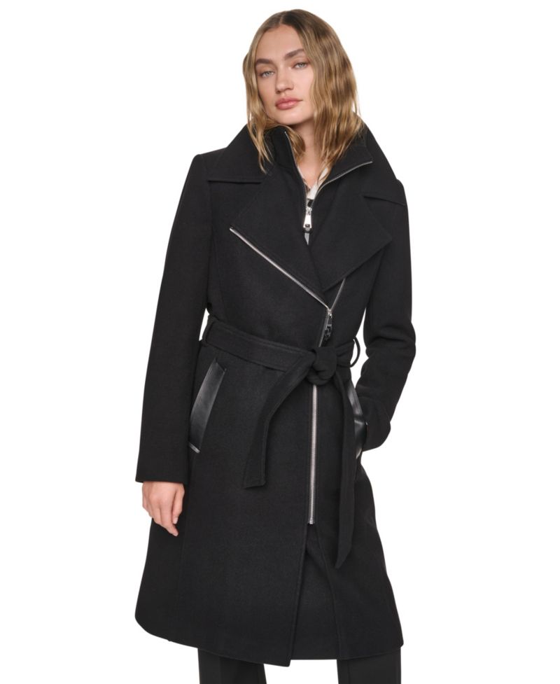 Women's Faux-Leather Trimmed Asymmetrical Wrap Coat