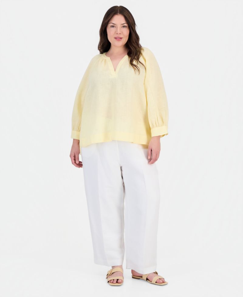 Women's 100% Linen Split-Neck 3/4-Sleeve Blouse