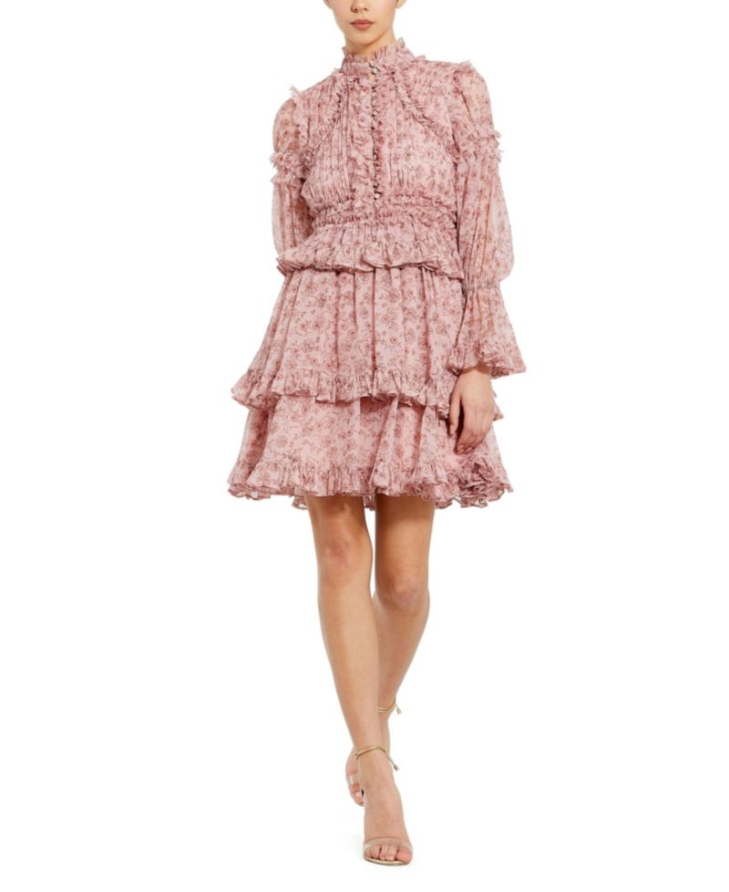 Women's Long Sleeve Open Front High Neck Ruffle Mini Dress