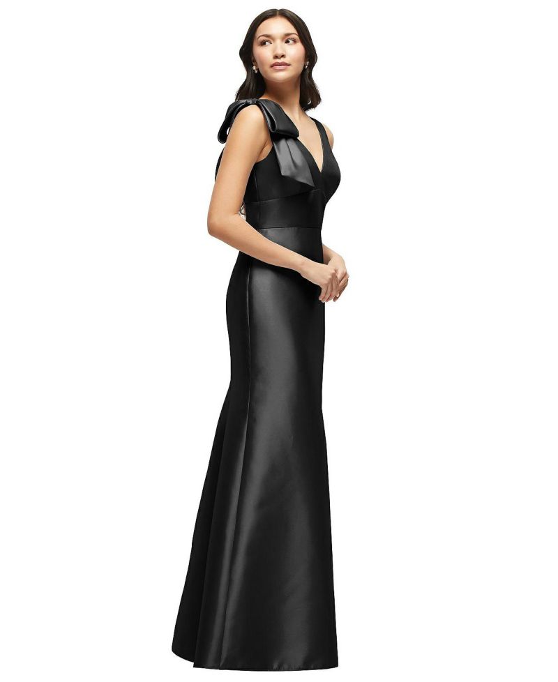 Women's Deep V-back Satin Trumpet Dress with Cascading Bow at One Shoulder
