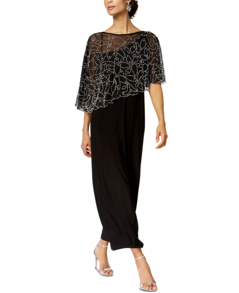 Women's Boat-Neck Embellished-Cape Jersey-Knit Gown