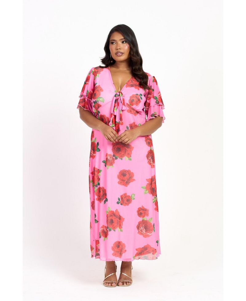 Women's Flutter Sleeve Tie Front Midi Dress