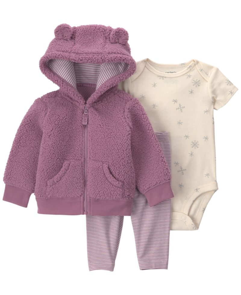 Baby Girls' Teddy Bear Fleece Jacket, Short-Sleeve Bodysuit and Pants, 3-Piece Set