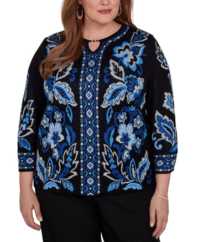 Plus Size Keyhole Neck 3/4-Sleeve Pullover Sweater
