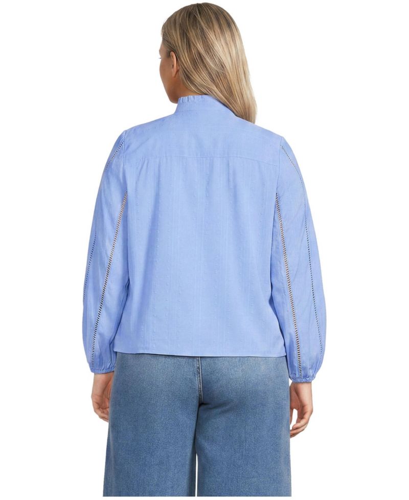 Plus Size Ruffle-Neck Pintuck with Embroidery and Lace Long-Sleeve Shirt