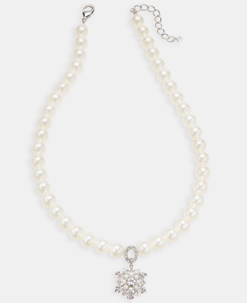 Silver-Tone Imitation Pearl Snowflake Pendant Necklace, 17-1/2" + 2" extender