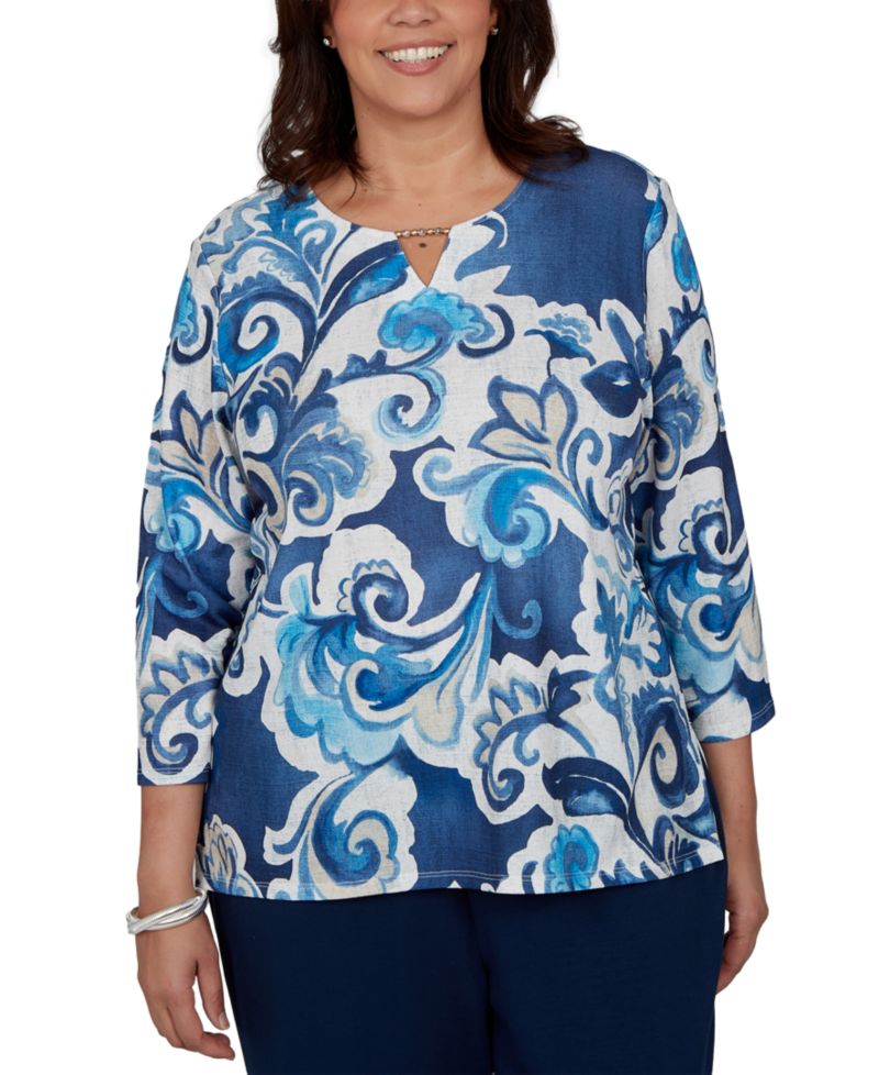 Plus Size Floral-Print 3/4-Sleeve T-Shirt