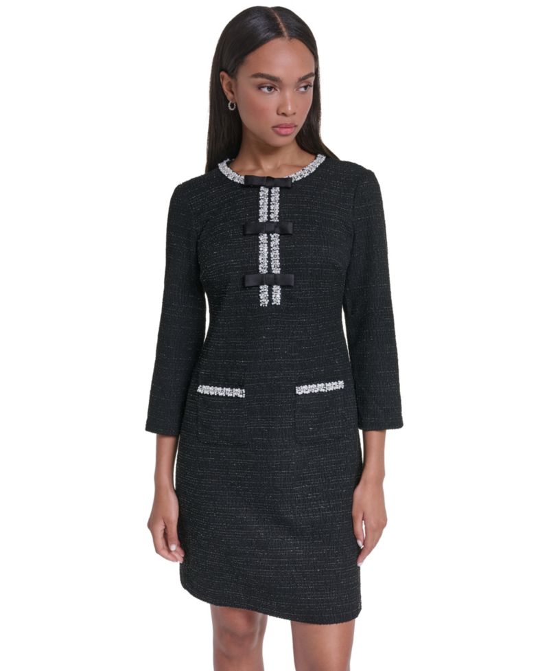 Women's Shimmer Knit Tweed Bow-Trim Shift Dress