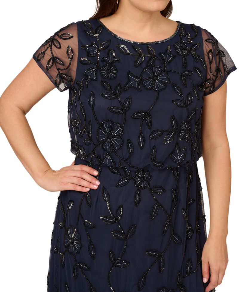 Plus Size Blouson Beaded Short-Sleeve Gown