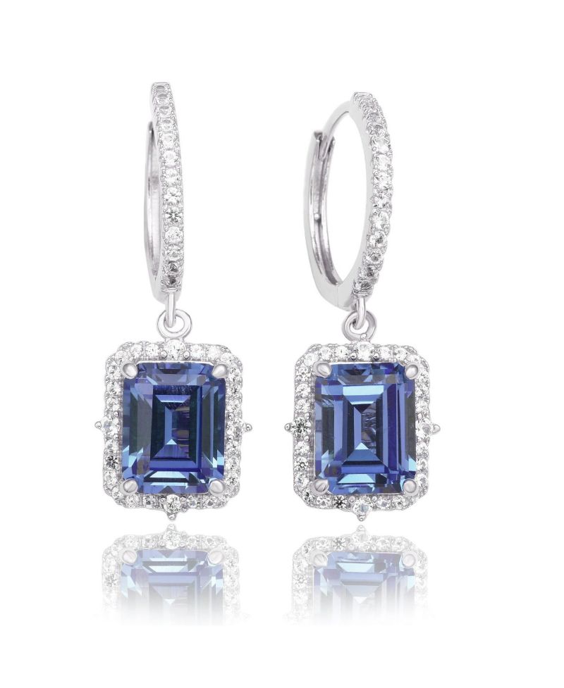 Suzy Levian Sterling Silver Emerald Cut Gemstone Halo Dangling Earrings