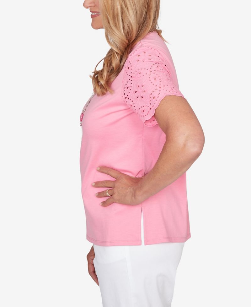 Petite Classic Solid Eyelet Sleeve Top with Necklace