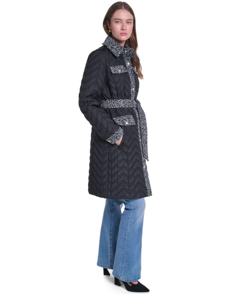 Women's Long Quilted Tweed-Trim Coat