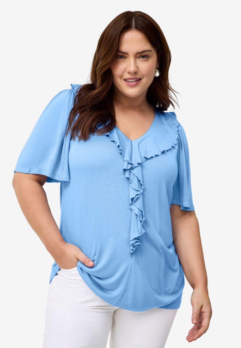 Women's Ruffle Neckline Flutter Sleeve Tunic