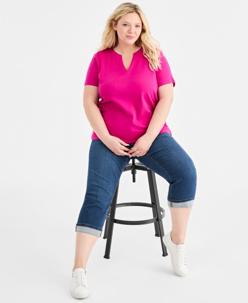 Plus Size Short-Sleeve Split-Neck Top