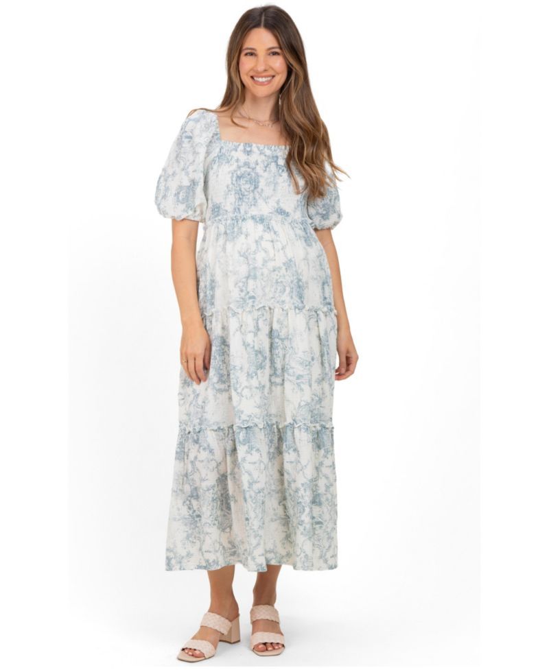 Women's Blue Vintage Floral Puff Sleeve Tiered Maxi Dress
