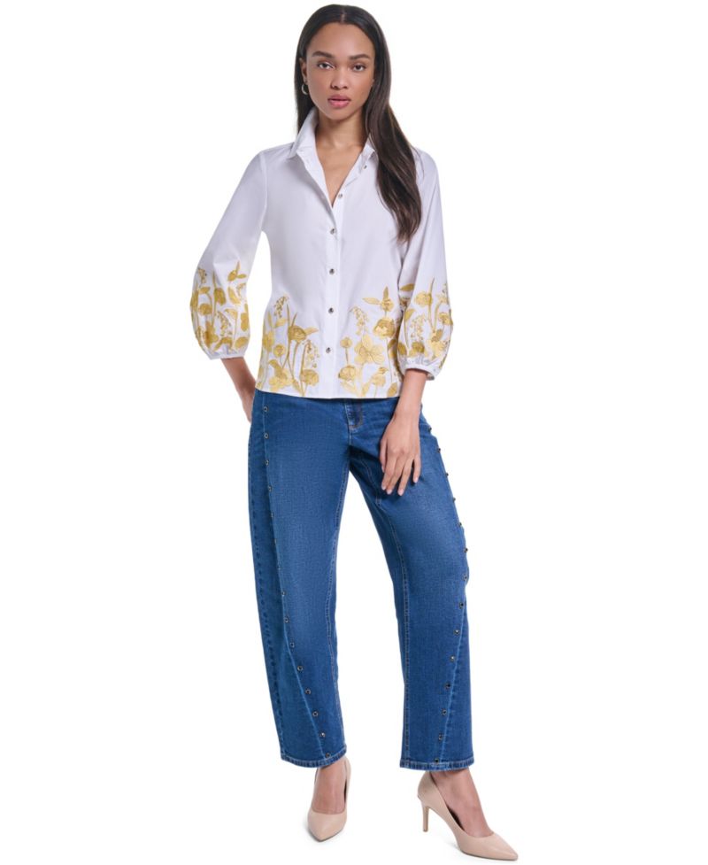 Women's Gold-Tone Embroidery Puff-Sleeve Button-Front Blouse