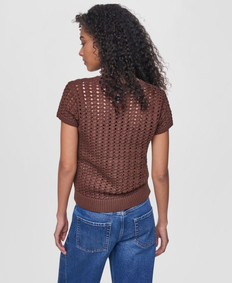 Women's Short-Sleeve Airy Chunky Pointelle Crewneck Sweater