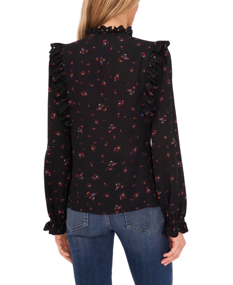 Women's Long Sleeve Tie-Neck Blouse with Eyelet Trim