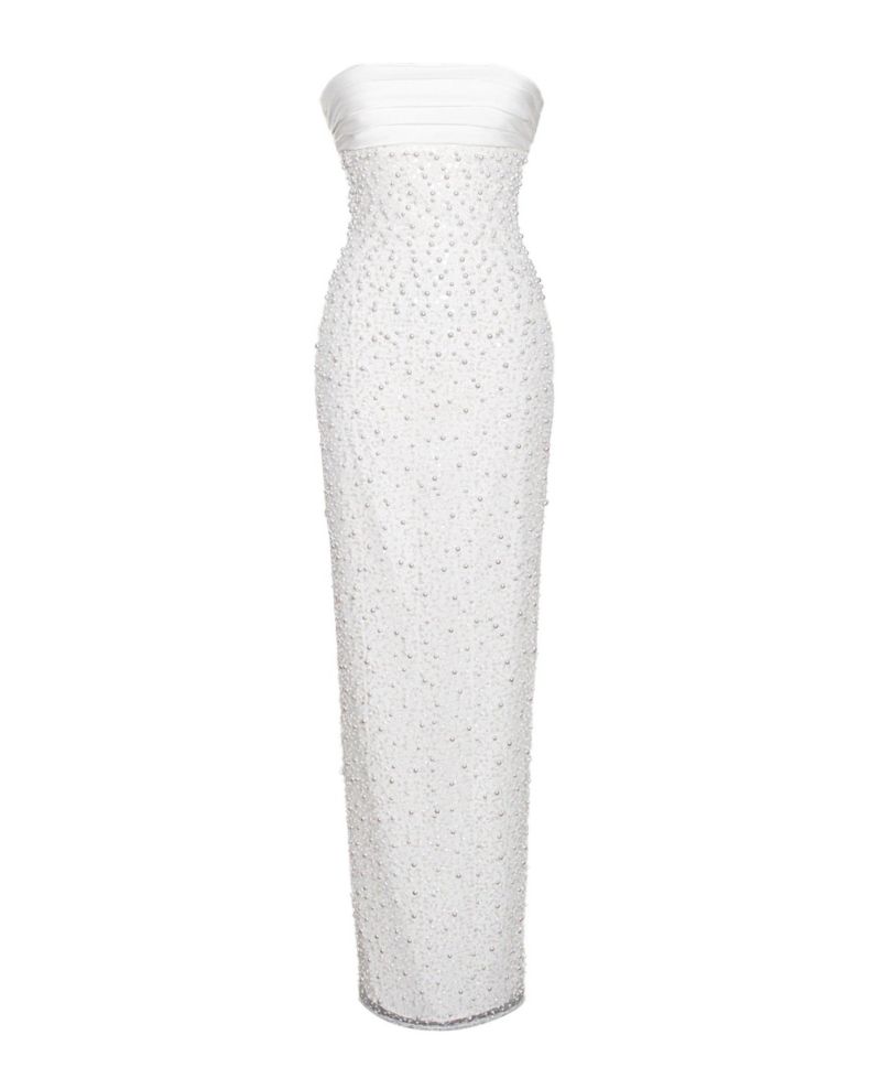 Women's Lainey White Satin Sequin Pearls Beaded Maxi Dress