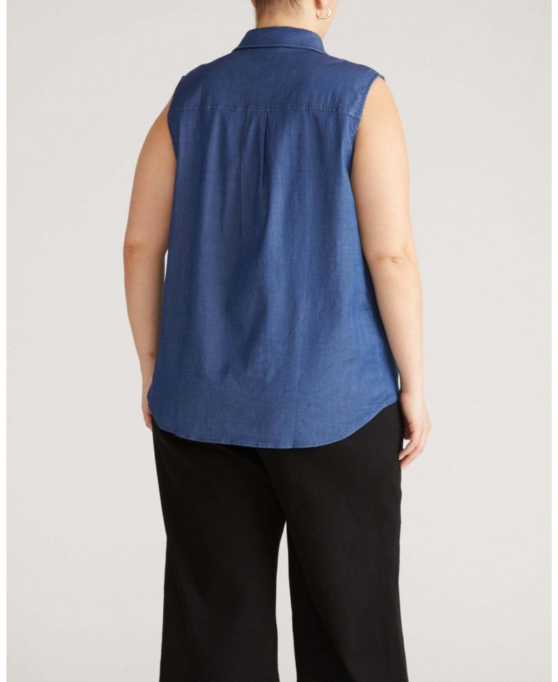 Plus Size Chambray Sleeveless Button-Front Shirt