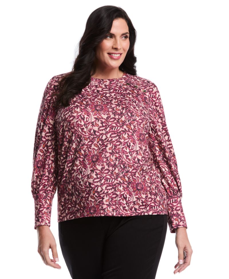 Plus Size Paisley Print Puff Long Sleeve Crew Neck Top