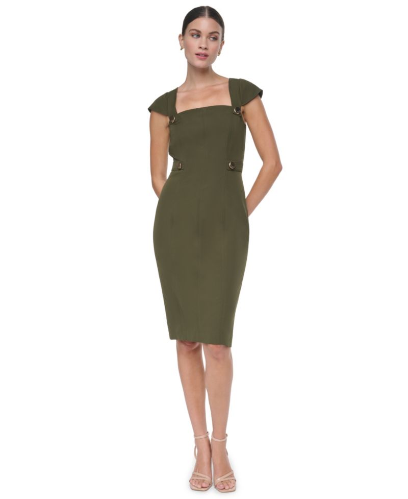 Women's Cap-Sleeve Square-Neck Crepe Midi Dress