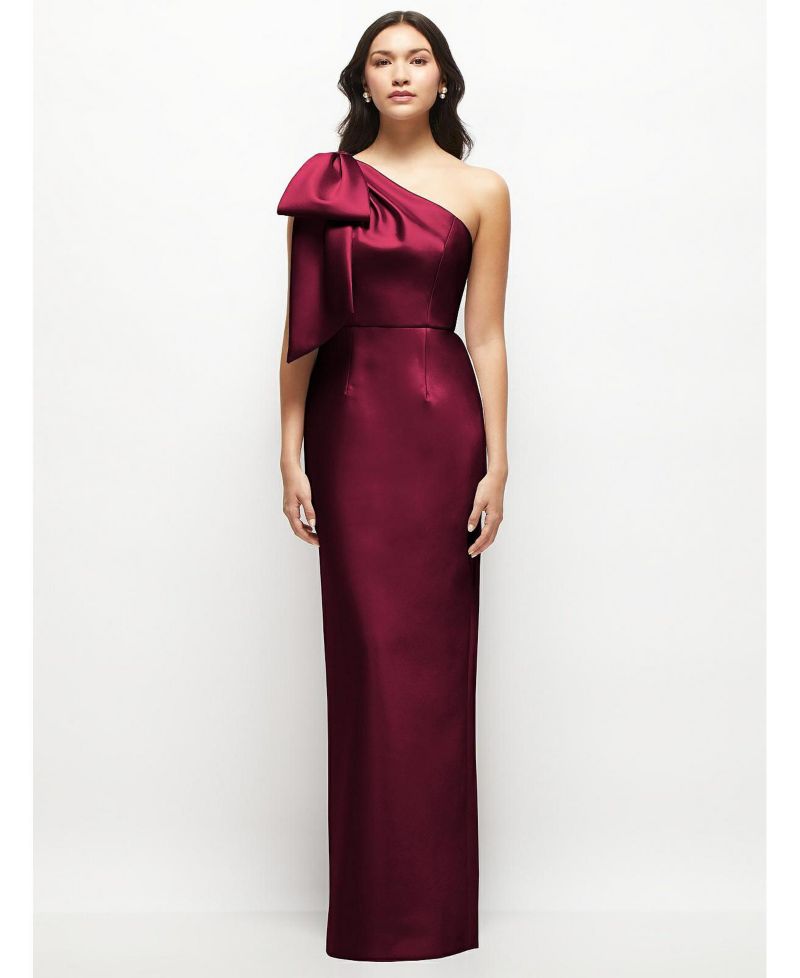 Women's Oversized Bow One-Shoulder Satin Column Maxi Dress