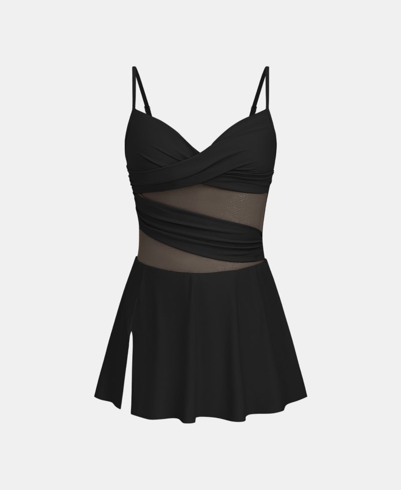 Women's Wrapped Mesh Adjustable Straps One Piece Swim Dress