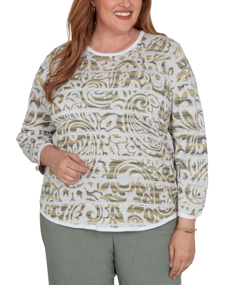Plus Size Provence 3/4-Sleeve Crewneck Paisley-Stripe Spacedye Sweater