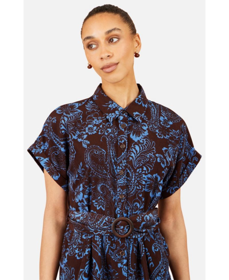 Women's Paisley Belted Short-Sleeve Shirt Dress