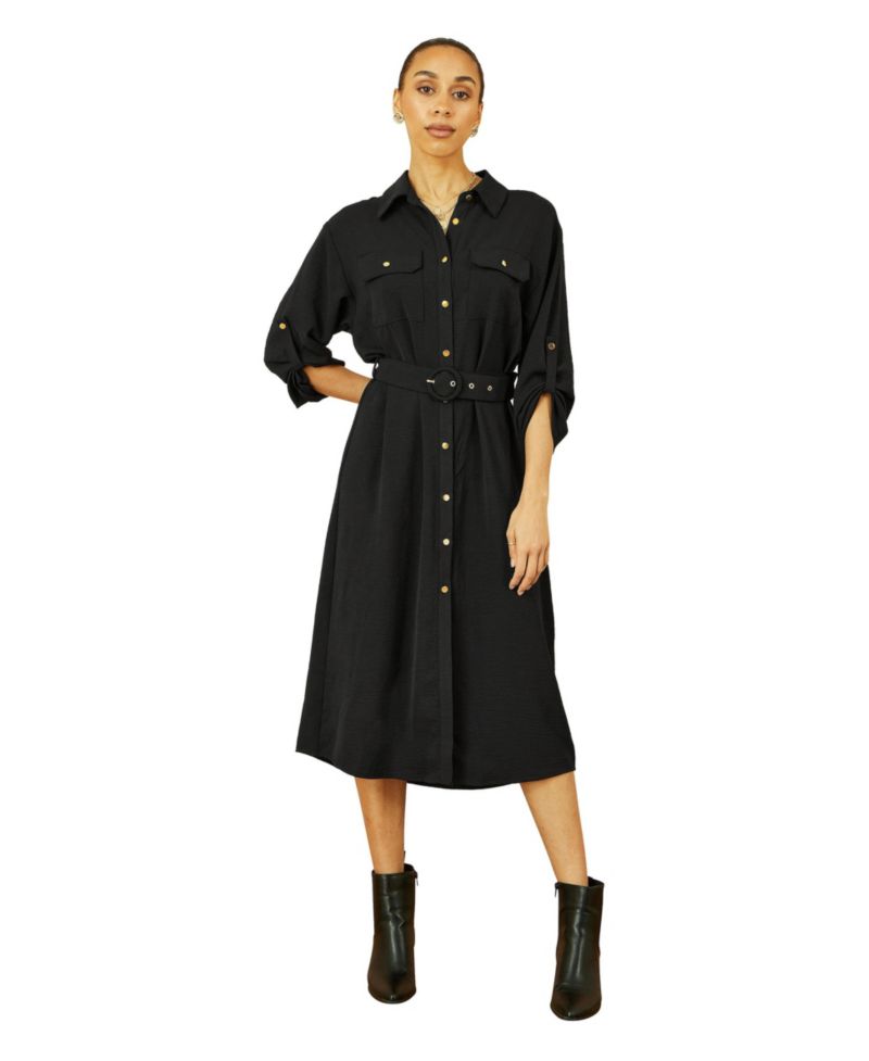 Women's 3/4 Sleeve Belted Midi Shirt Dress