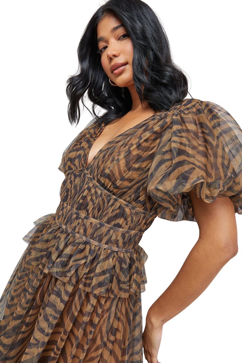Women's Zebra Print Tulle Ruffle Maxi Dress