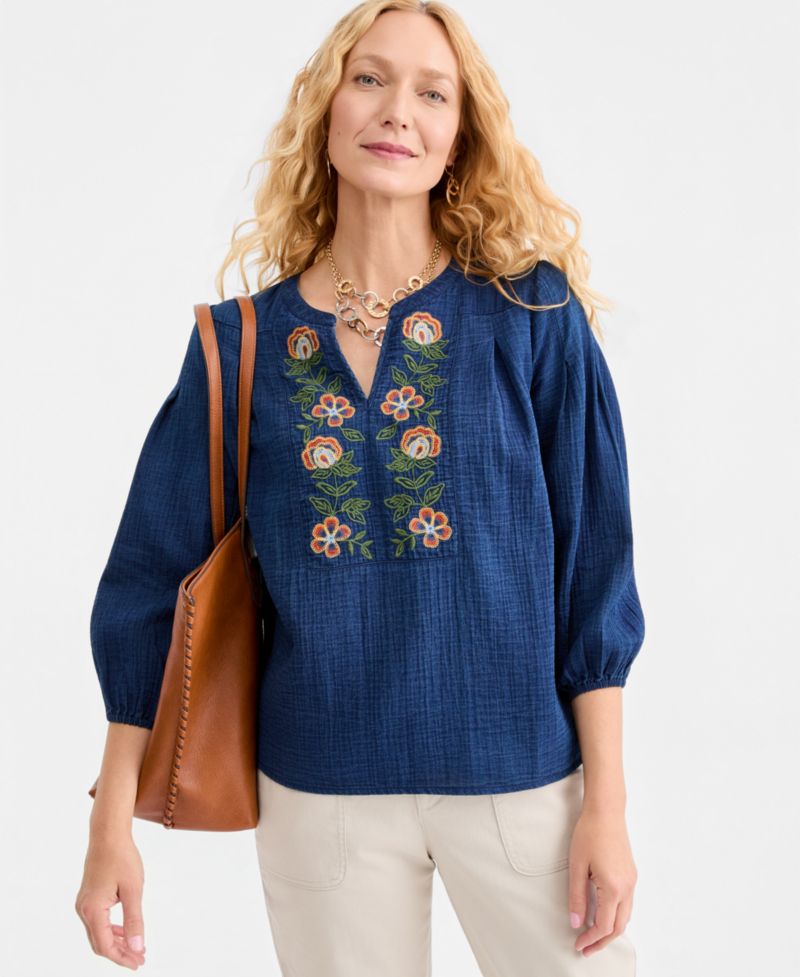 Women's Embroidered Indigo Gauze Top
