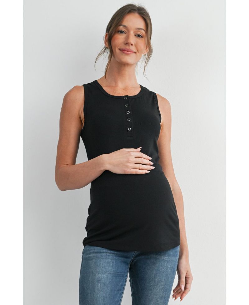 Maternity Ribbed Henley Tank Top Fitted Nursing Friendly