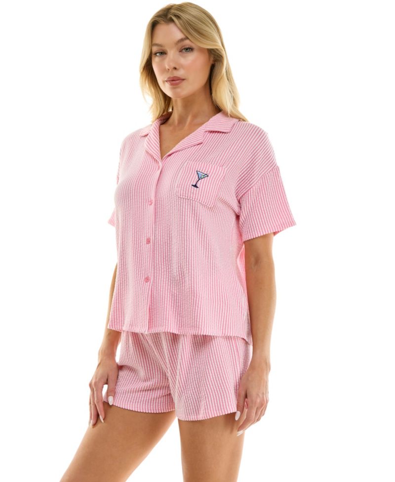 Women's Knit Seersucker Notch Collar Top and Shorts, 2-Piece Set