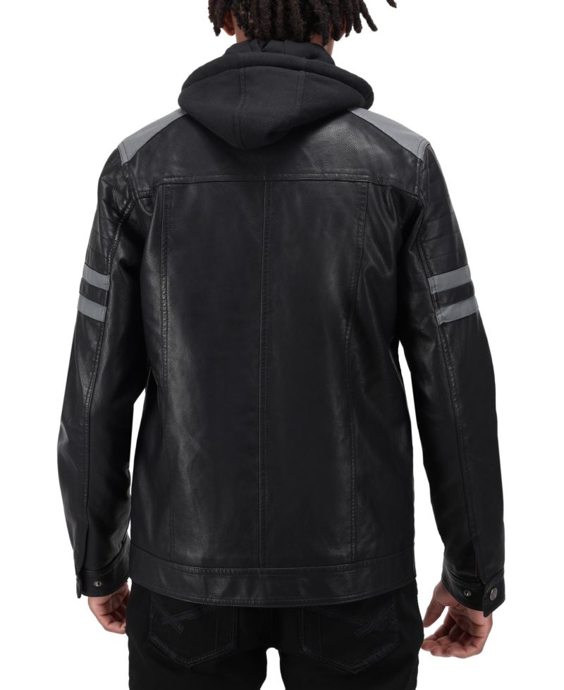 XRAY Men's Grainy PU Leather Hooded Jacket With Faux Shearling Lining