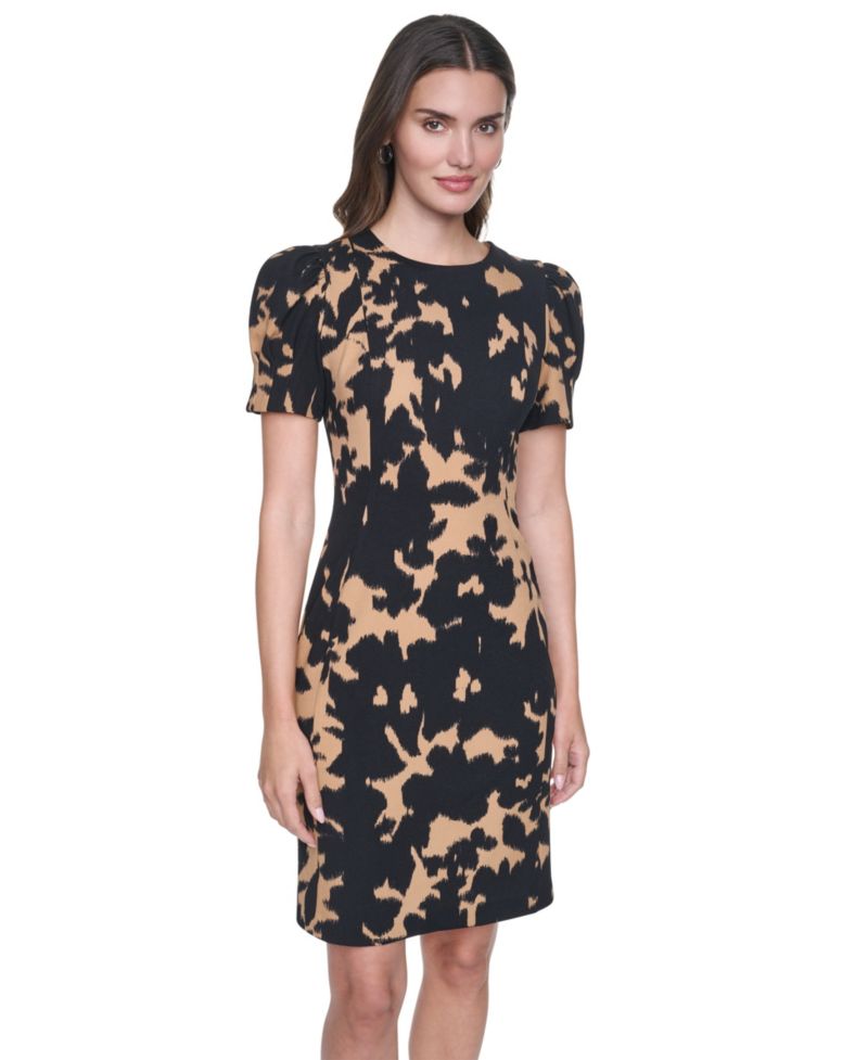 Women's Short Seamed Sleeve Puff-Sleeve Sheath Knee-Length Dress