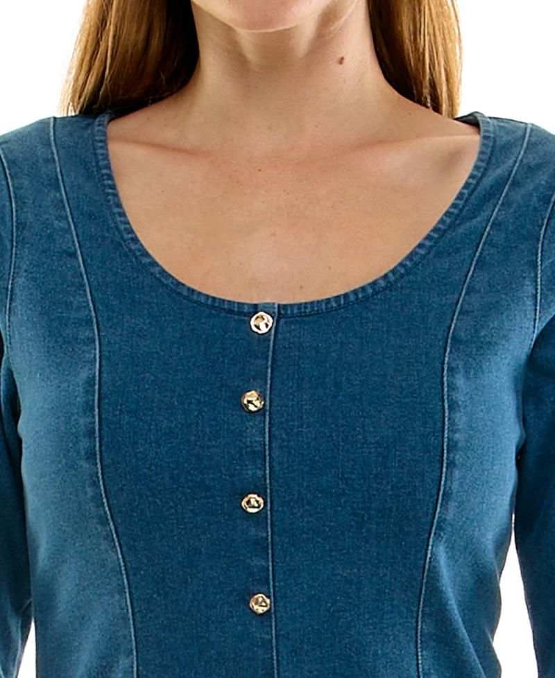 Juniors' Denim Long-Sleeve Faux-Fur Trim Mini Dress