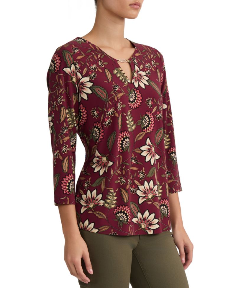 Women's Floral-Print V-Neck 3/4-Sleeve Buckle Trim Blouse