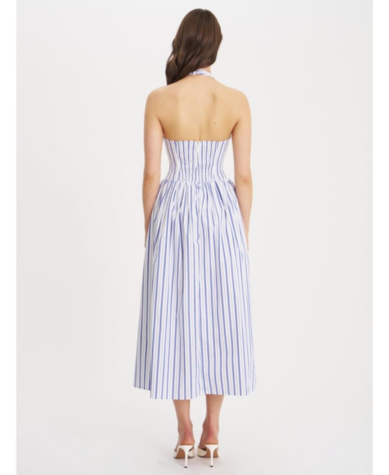 Women's Mackenna Navy Stripe Halter Smock Back Maxi Dress