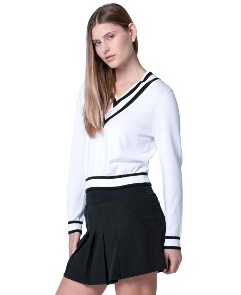 Women's Victory V-Neck Cable-Stripe Cotton Sweater