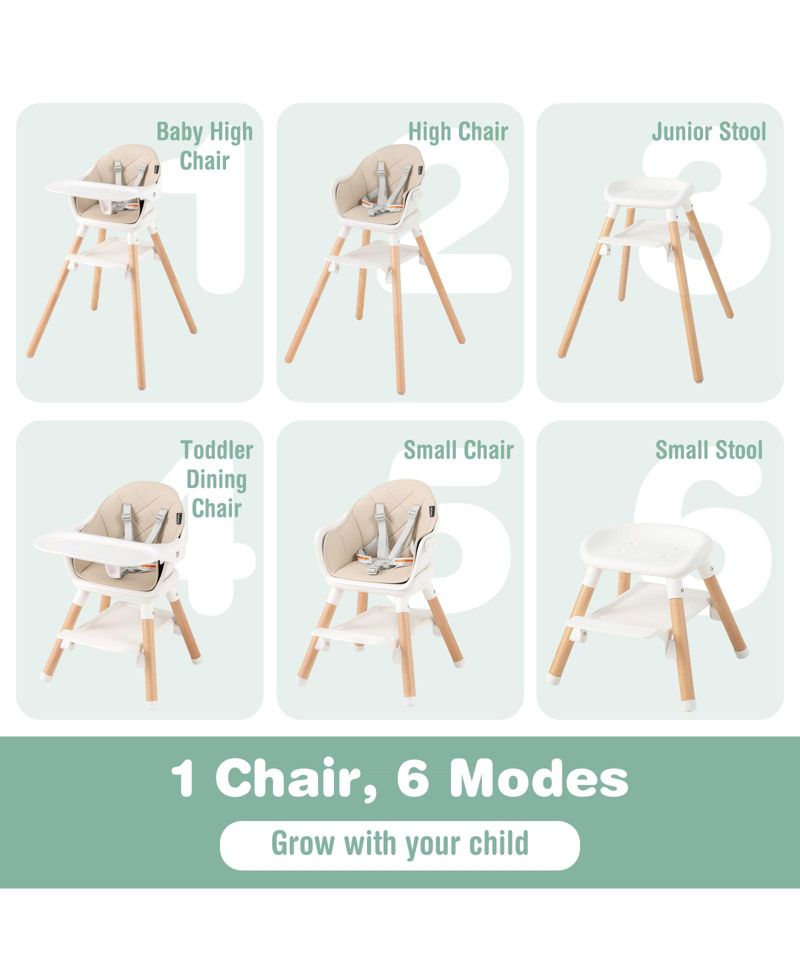 6-in-1 Baby High Chair with Removable Tray, Safety Harness and Convertible Design