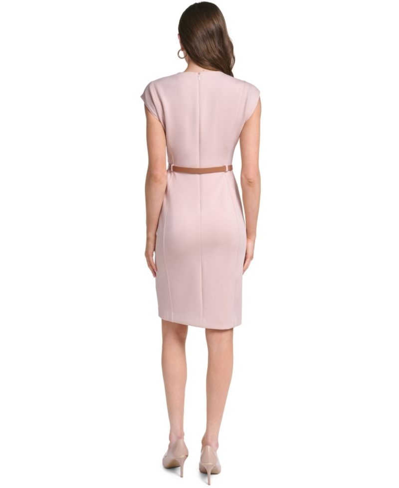 Women's Cap-Sleeve V-Neck Belted Sheath Dress