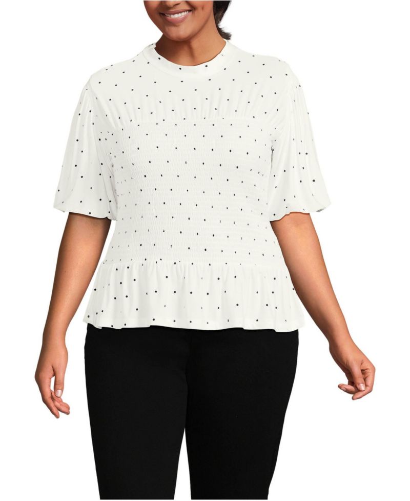 Plus Size Bubble Sleeve Silky Knit Smocked Mock Neck Top
