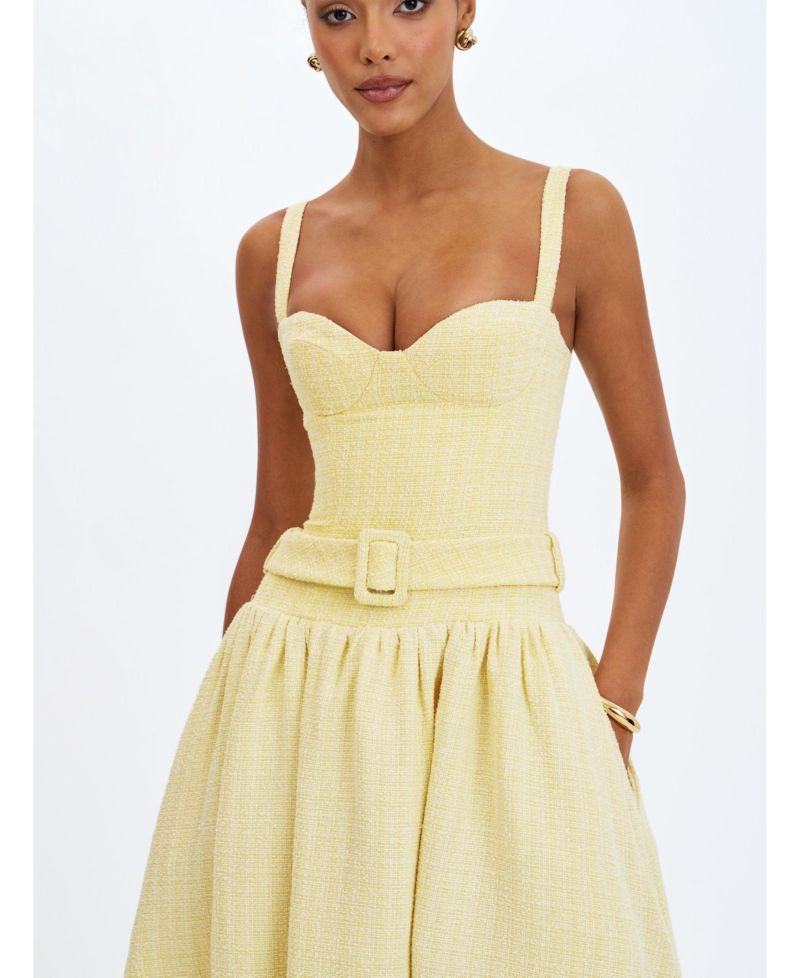 Women's Tiana Butter Yellow Sweetheart Belted Midi Dress