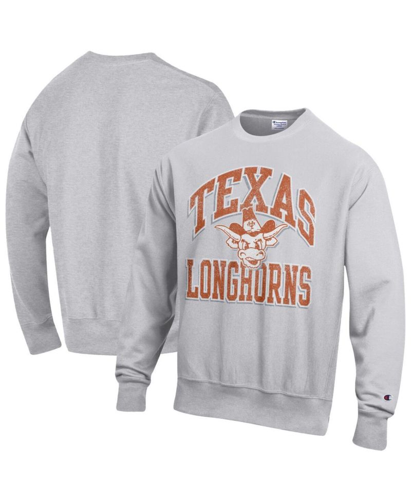 Men's Gray Texas Longhorns Distressed Arch Over Logo Reverse Weave Crew Neck Sweatshirt