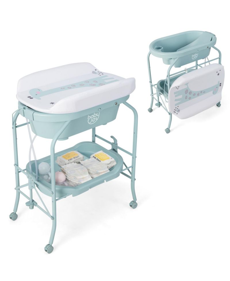 Baby Changing Table with Bathtub, Folding Diaper Station with Wheels