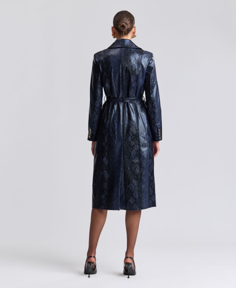 Women's Center Front Belted Python-Print Faux Leather Trench Coat