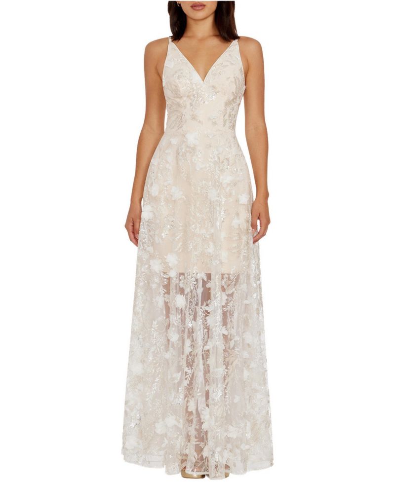 Women's Sidney 3D Floral Embroidery and Sequin V-Neck Floor-Length Gown